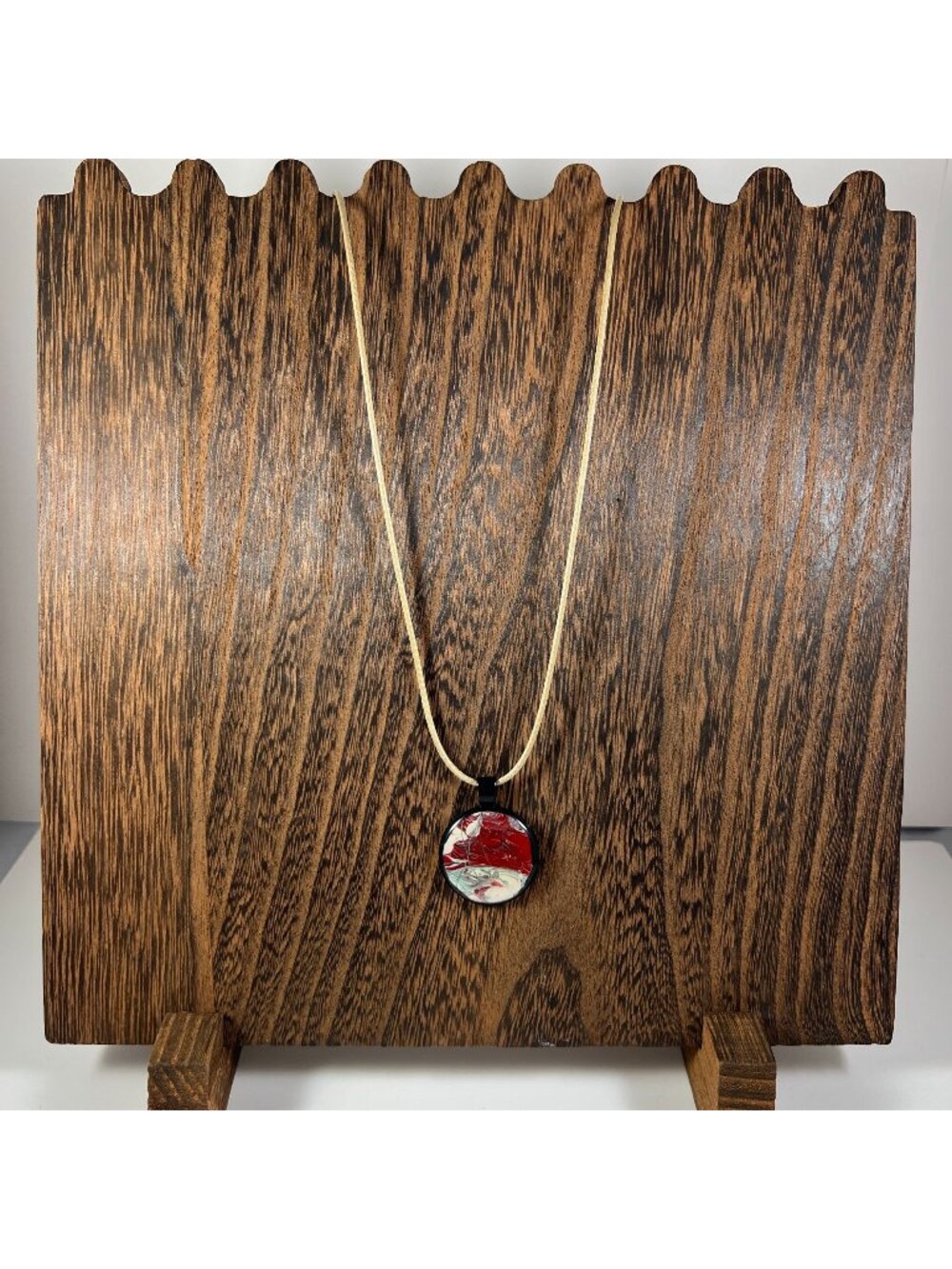 Acrylic Pour Pendant Necklace In Red & White Swirl Design